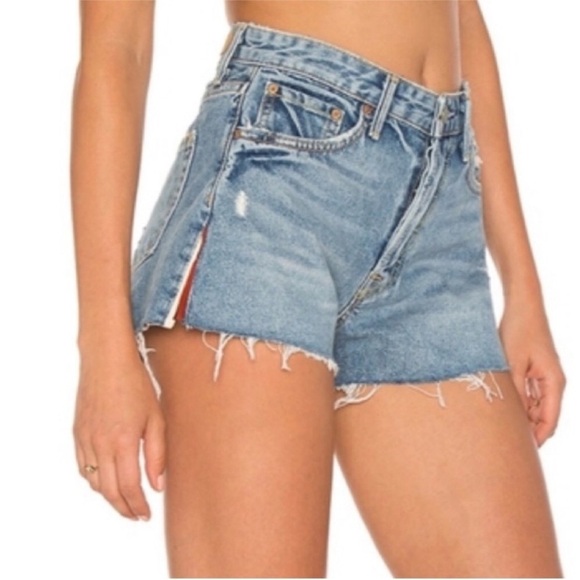 GRLFRND Cindy Button Fly Raw Hem High Rise Cut Off Denim Jean Shorts side slits - Picture 3 of 14